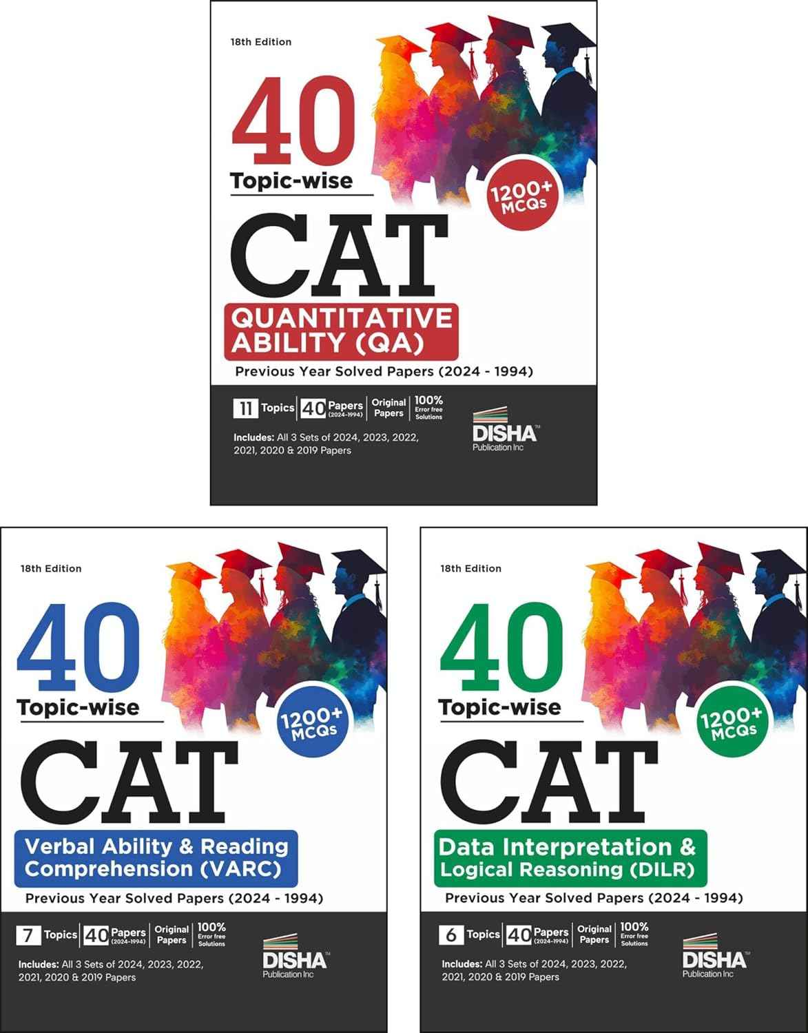 Old Edition - Disha 40 Topic-wise CAT QA, DILR & VARC Previous Year Solved Papers (2024 - 1994) - set of 3 Books 18th Edition | PYQs | DI & Logical Reasoning, Quantitative, Verbal Ability & Reading Comprehension