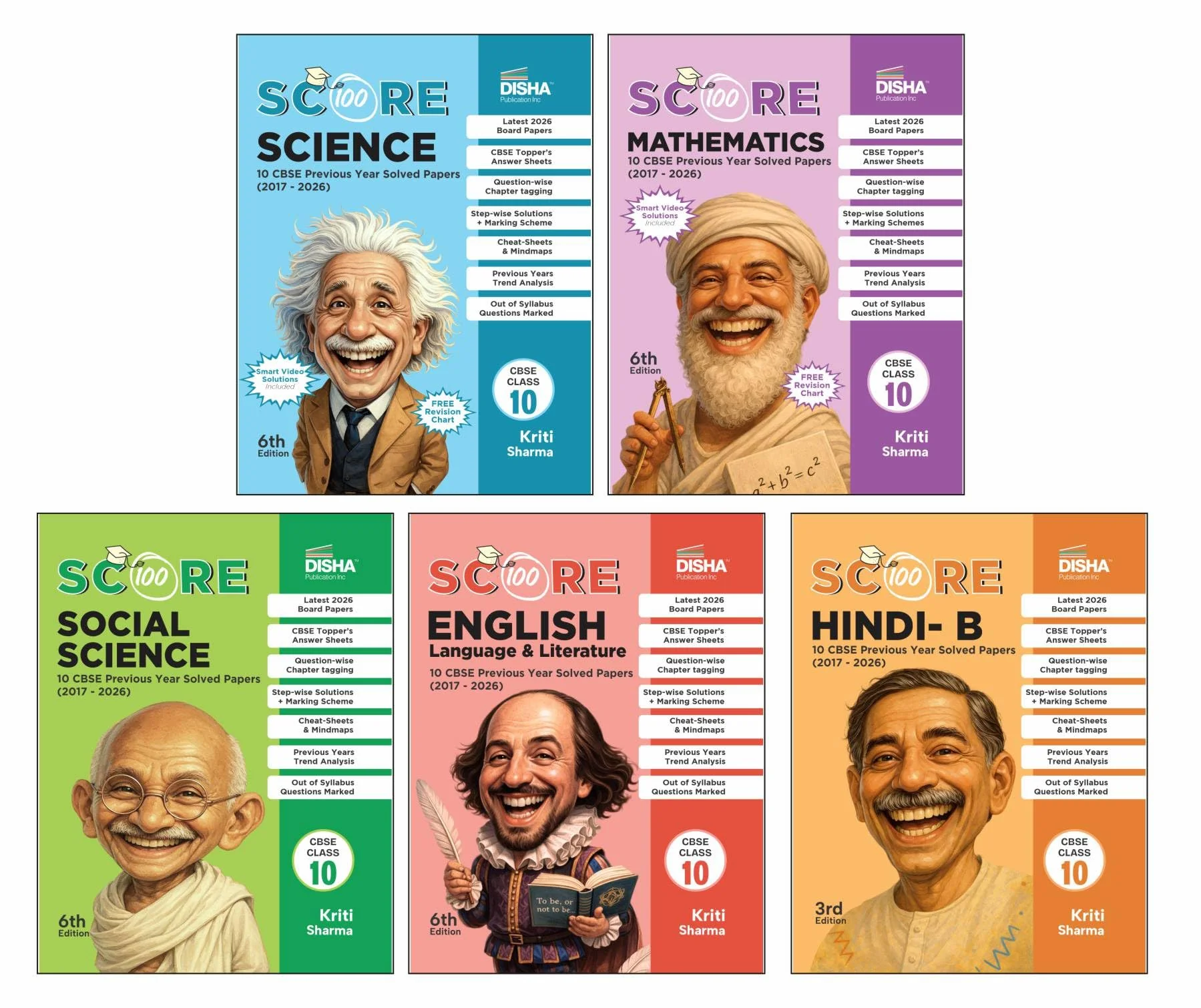 Disha Combo (5 Books) Score 100 Science, Mathematics (Std), Social Science, Hindi B, English Lang. & Lit. CBSE Class 10 - 10 Year-wise Solved Papers (2017 - 2026) with FREE Mobile Stand | 2027 Exam