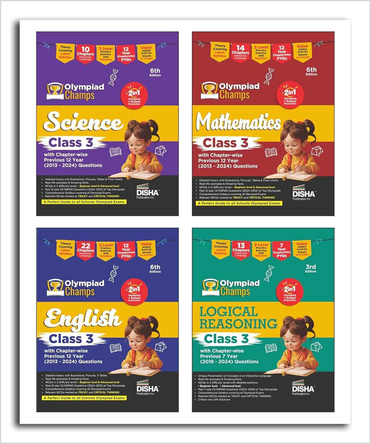 Old Edition - Disha Combo Class 3 (set of 4 books) Olympiad Champs Science, Mathematics, English & Logical Reasoning with Chapter-wise Previous 12 Year (2013 - 2024) Questions 5th Edition | SOF, IMO, NSO, IEO |