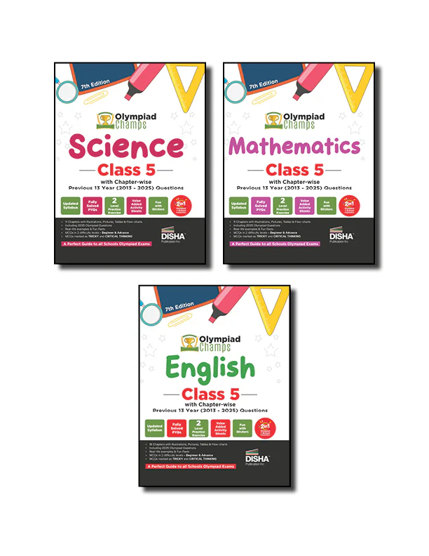 Disha Combo Class 5 (set of 3 books) Olympiad Champs Science, Mathematics & English with Chapter-wise Previous 13 Year (2025 - 2013) Questions 7th Edition | 2026 - 27 Exam