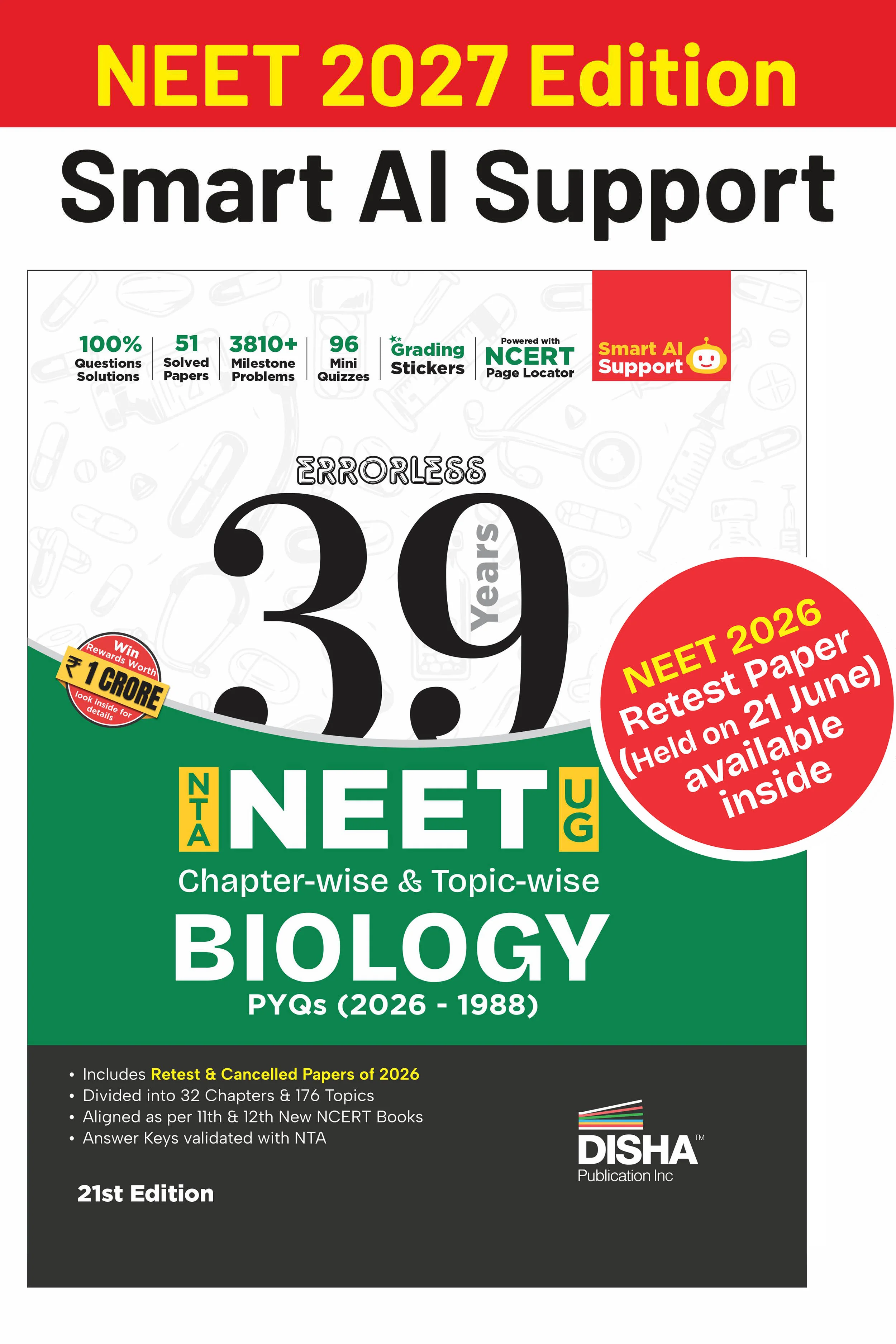 Disha Errorless 39 Years NTA NEET (UG) Chapter-wise & Topic-wise Biology NEET PYQ Book (2026 - 1988) 21st Edn | NEET Previous Year Solved Papers for 2027 Exam with 2026 Cancelled & Retest Paper